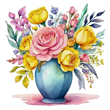 Watercolor vase of flower bouquet on isolated white background.