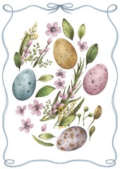 Easter eggs composition set of objects watercolor illustration