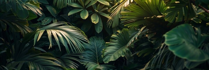 An expansive depiction of thriving tropical greenery, sunlight filtering through the leaves of green ferns, casting intricate shadows and illuminating the rich tapestry of the underbrush.