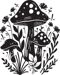 Black and white illustration of various mushrooms surrounded by flora, depicted in a charming black and white illustration, perfect for a variety of design uses