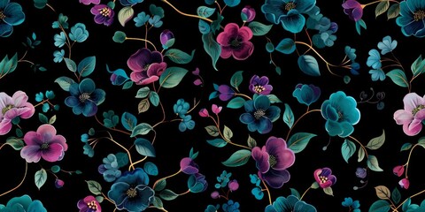 dark floral pattern with teal, magenta and navy blue flowers on a black background Generative AI - obrazy, fototapety, plakaty