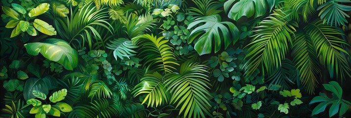 An elaborate display of tropical verdure, where sunlight and shadow play across the surface of green ferns, highlighting the depth and vibrancy of the forest floor. - obrazy, fototapety, plakaty