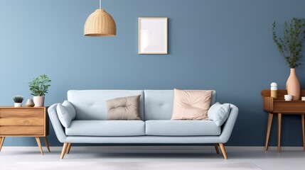 a blue couch with pillows and a light from a ceiling