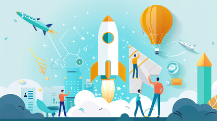 Creative concept for a business illustration featuring a dynamic startup launch, with elements symbolizing growth and development, ideal for marketing materials and web use.