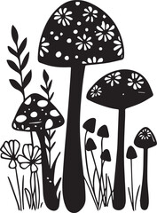 Black and white illustration of various mushrooms surrounded by flora, depicted in a charming black and white illustration, perfect for a variety of design uses