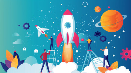 Creative concept for a business illustration featuring a dynamic startup launch, with elements symbolizing growth and development, ideal for marketing materials and web use.