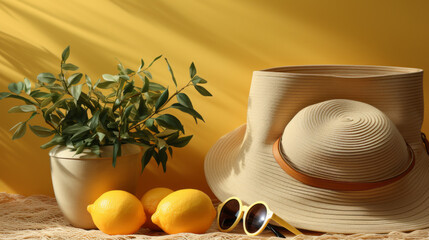 A yellow hat sits on a table next to a vase of lemons and a pair of sunglasses
