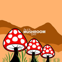 Day of the Mushroom event banner. Mushrooms growing in the grass to celebrate on April 16th