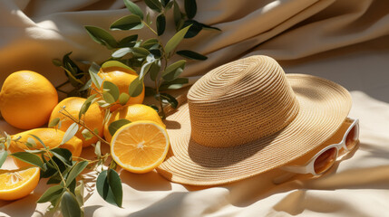 A straw hat sits on a table with a bunch of oranges and a leafy green plant