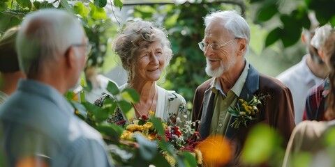 Renewing Wedding Vows: Elderly Couple with Family and Friends Sharing Tears of Joy in a Garden. Concept Wedding Vow Renewal, Elderly Couple, Garden Ceremony, Family & Friends, Tears of Joy