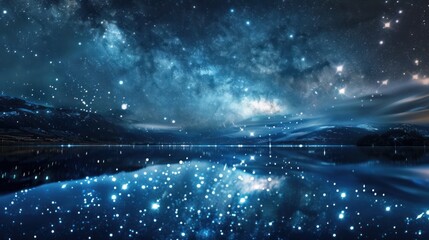 The lake reflects the stars in the night sky.