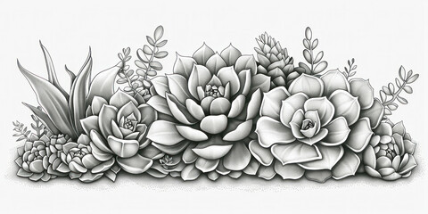 Black and white botanical illustration of various succulents and plants on a white background