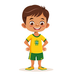 Obraz premium Cute little boy with Brazilian flag on his chest. Vector illustration.