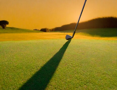 The shadow of a golf club cast long on the fairway during golden hour, with a ball sitting quietly, capturing the peaceful end of a day's play.