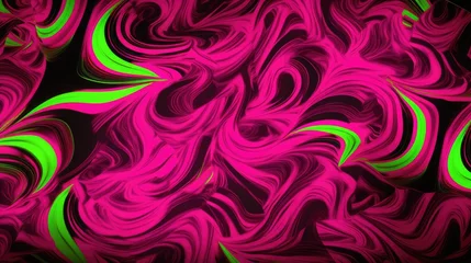 Fototapeten Vivid neon pink and green swirls dance across a dark backdrop, creating a mesmerizing abstract landscape that evokes a sense of movement and energy. © Oksana Smyshliaeva
