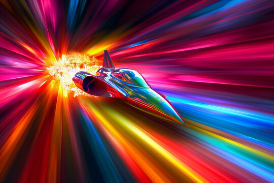 A vibrant illustration of sonic boom effects, with colorful sound waves radiating from a speeding jet, breaking the sound barrier