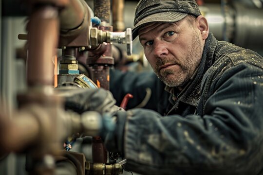 A plumber in deep concentration fixes a complex plumbing system, a study in focus and expertise