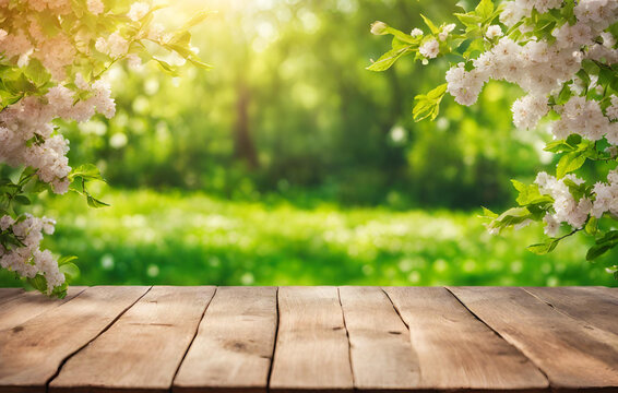 Wooden table with blurry background of grass and flowers in the foreground