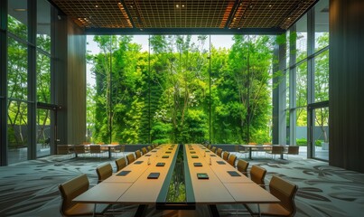 A modern eco-friendly boardroom featuring a long conference table, surrounded by greenery visible through full-height windows, merging nature with corporate design.