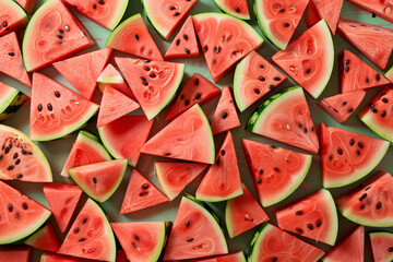 Top view triangle sliced watermelons. Fruit background. Generative AI.