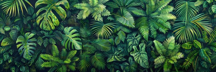 An artistic rendering of a tropical fern landscape, where the play of light and shadow dynamically enhances the greenery, emphasizing the lushness of the jungle.