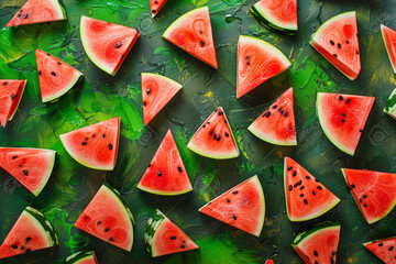 Top view triangle sliced watermelons. Fruit background. Generative AI.
