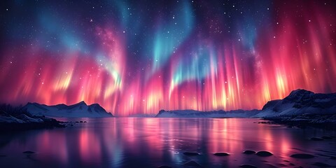 A mesmerizing display: Northern lights painting colorful curtains in the sky. Concept Northern Lights, Auroras, Sky Paintings, Colorful Curtains, Mesmerizing Displays - obrazy, fototapety, plakaty