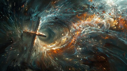 An abstract digital art piece resembling a futuristic tunnel with chrome and metallic textures and dynamic light effects.
