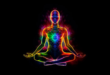 Human silhouette with a multi-colored glow in the lotus position. Yoga pose. Chakras