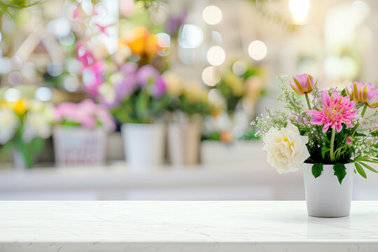 Flower shop background blur, white table top with colorful flowers in vases on the right side of the picture. Exquisite floral display and natural beauty for decoration or product presentation mockup