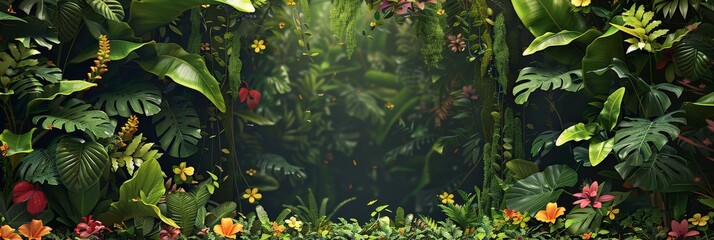 A flourishing display of tropical wilderness, with green ferns illuminated by sunlight, casting intricate patterns of light and shadow that animate the forest scene. - obrazy, fototapety, plakaty