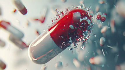 Immersive 3D scene of medication release from a capsule, space above for text - obrazy, fototapety, plakaty