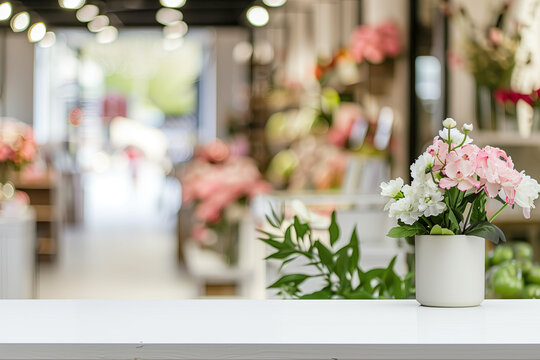 Beautiful flower shop interior with a blurred background of a white table and blurry store in the back, flower bouquet on display on a shelf, focus point on the front view of the table.