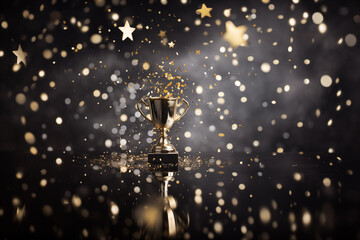 Golden trophy with glitter and bokeh lights &ndash; celebration and award background
