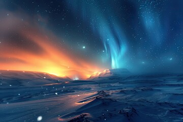 A glowing blue and orange aurora borealis over a snowy landscape - obrazy, fototapety, plakaty