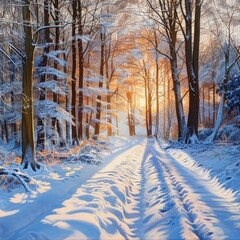 A frosty winter scene with blue shadows and orange sunlight filtering through trees