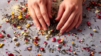 Hands carefully blending a variety of dried tea leaves and colorful flower petals, crafting a natural herbal infusion.