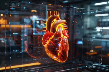 A high-tech 3D rendering of a human heart surrounded by a complex digital interface, suggesting advanced medical technology - obrazy, fototapety, plakaty