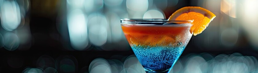 A close-up of a cocktail with blue and orange layers served in an elegant glass - obrazy, fototapety, plakaty