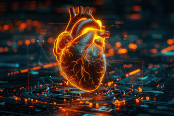 A hi-tech conceptual visualization of a heart on a digital interface with data points and circuitry - obrazy, fototapety, plakaty