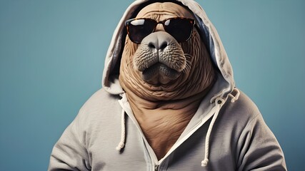 walrus dressed in a sweatshirt and sunglasses. walrus, dressed, sweatshirt, sunglasses, animal wildlife, animals in the wild, animal, nature, color image, horizontal, photography, aquatic mammal, sea  - obrazy, fototapety, plakaty