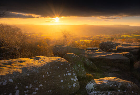 a sunset from Brimham Rocks looking out onto Nidderdale Valley