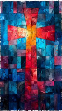 Vibrant stained glass window depicting a cross, symbolizing faith and spirituality, illuminating colors within a church setting.
