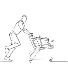 Continuous single line sketch drawing young happy man pushing shopping trolley cart. One line retail shop mart market vector illustration	