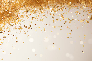 Golden flying sparkles on white holiday background. Festive, holiday backdrop for your projects.