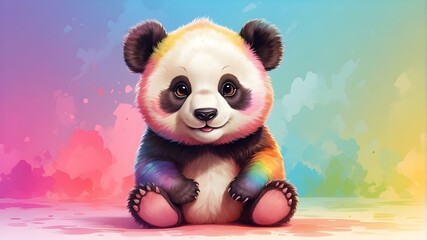 charming, happy, rainbow, baby, panda, bear, pastel, colored, background, youngsters, play, animal,...