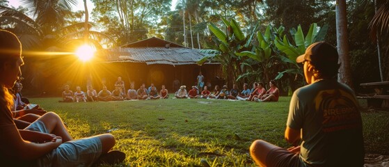 Group Gathering at Sunset in Tropical Location