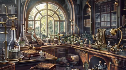 A luxurious botanical study illuminated by natural light, showcasing brass instruments and an array of herbs and potions. - obrazy, fototapety, plakaty