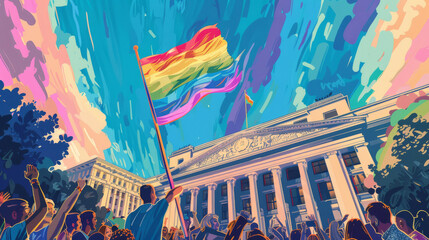 A detailed illustration of the Pride flag being raised over a city hall - Powered by Adobe
