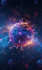 A vivid image of a virus particle illuminated with dynamic lighting effects